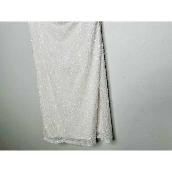 MAC DUGGAL White Sequined One Shoulder Low Back Draped Mini Dress Size 8 - Picture 7 of 13
